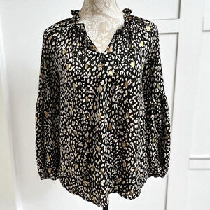 Blu Pepper Womens Blouse Large Black Gold Animal Print Long Sleeve Boho Top